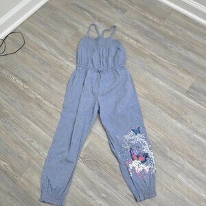 H& M Girls Butterfly Floral Print Cottagecore Elasticized Chambray Pants Romper